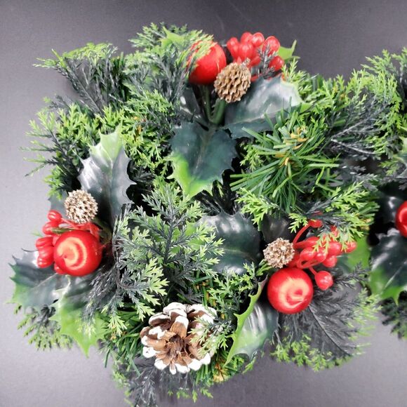 Vintage Christmas Candle Ring Holly Berry PAIR Plastic Centerpiece for 3" Pillar - Picture 3 of 16
